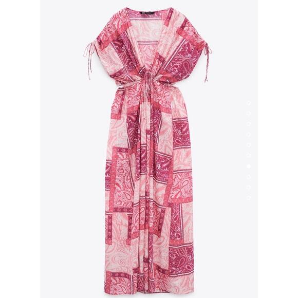 Zara Patchwork Print Dress Pink Cut Out Maxi Size Small - Picture 1 of 14